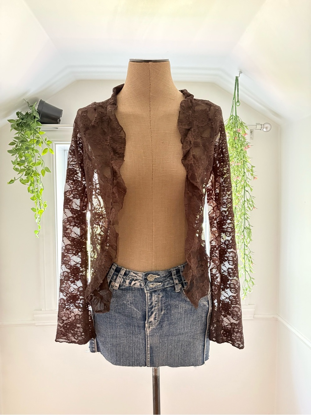 Brown Sheer Lace Ruffle-Front Shrug